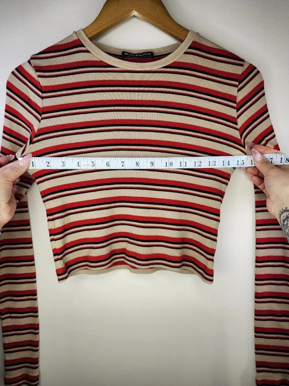 Brandy Melville Stripe Ribbed Crop Top — Red/Cream, One Size | Long Sleeve Y2K - Picture 9 of 11